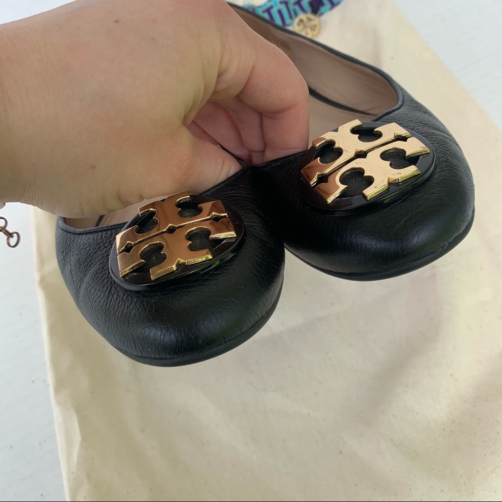 Tory Burch Claire Black & Gold Ballerina Flats 7 - Picture 5 of 13